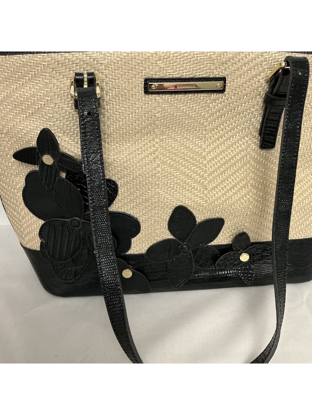 Brahmin woven straw and black leather floral tote - Picture 5 of 8